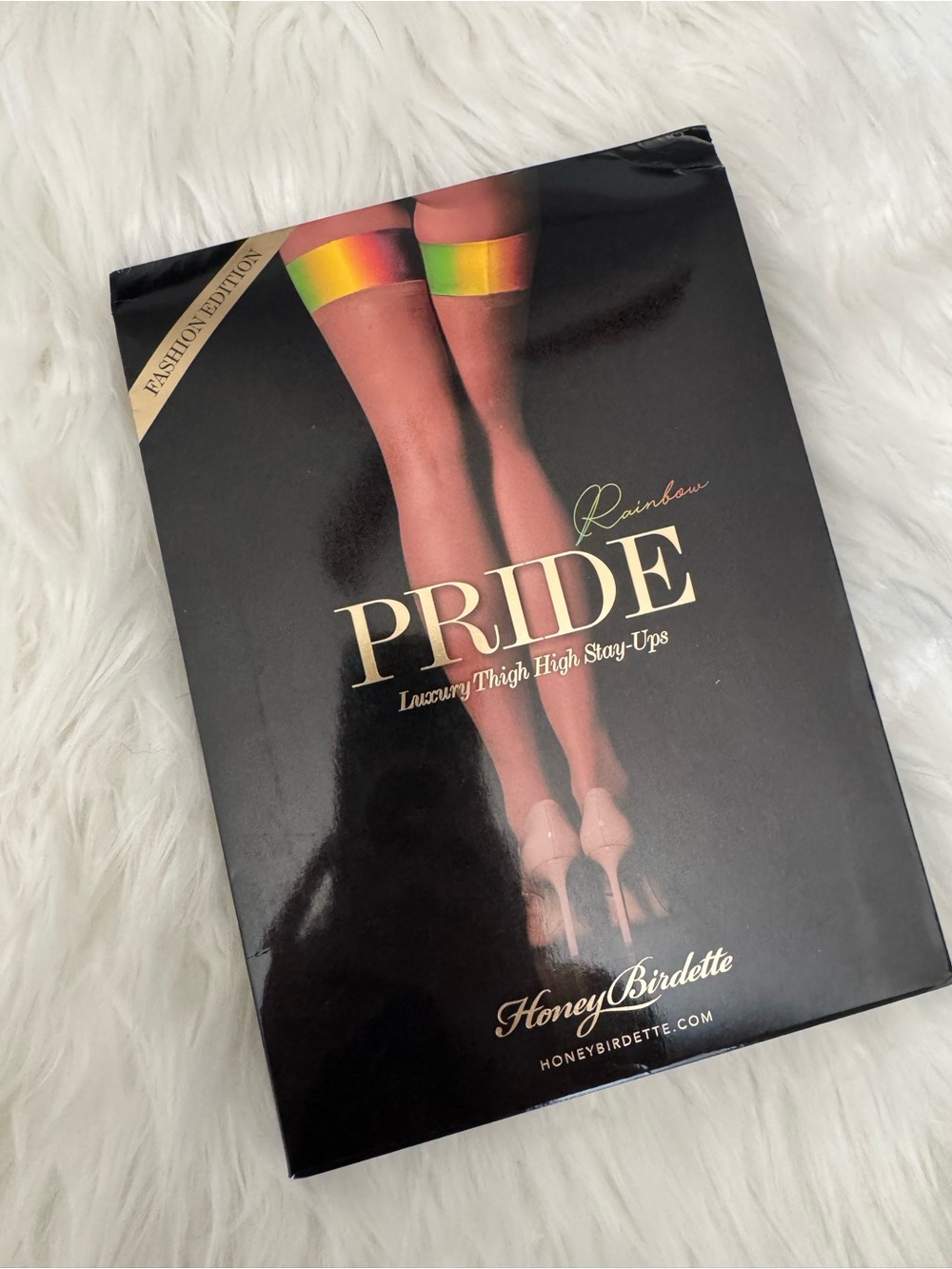 Honey Birdette PRIDE Luxury Thigh High Stay-Ups - Rainbow Trim (small)